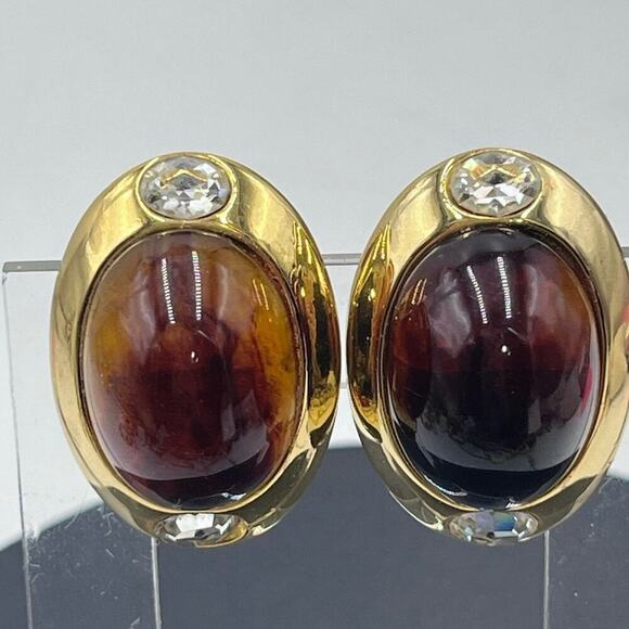 Kenneth Jay Lane Oval Brown Glass Cabochon Vintage Rhinestone Clip Earring‎ - Picture 3 of 16